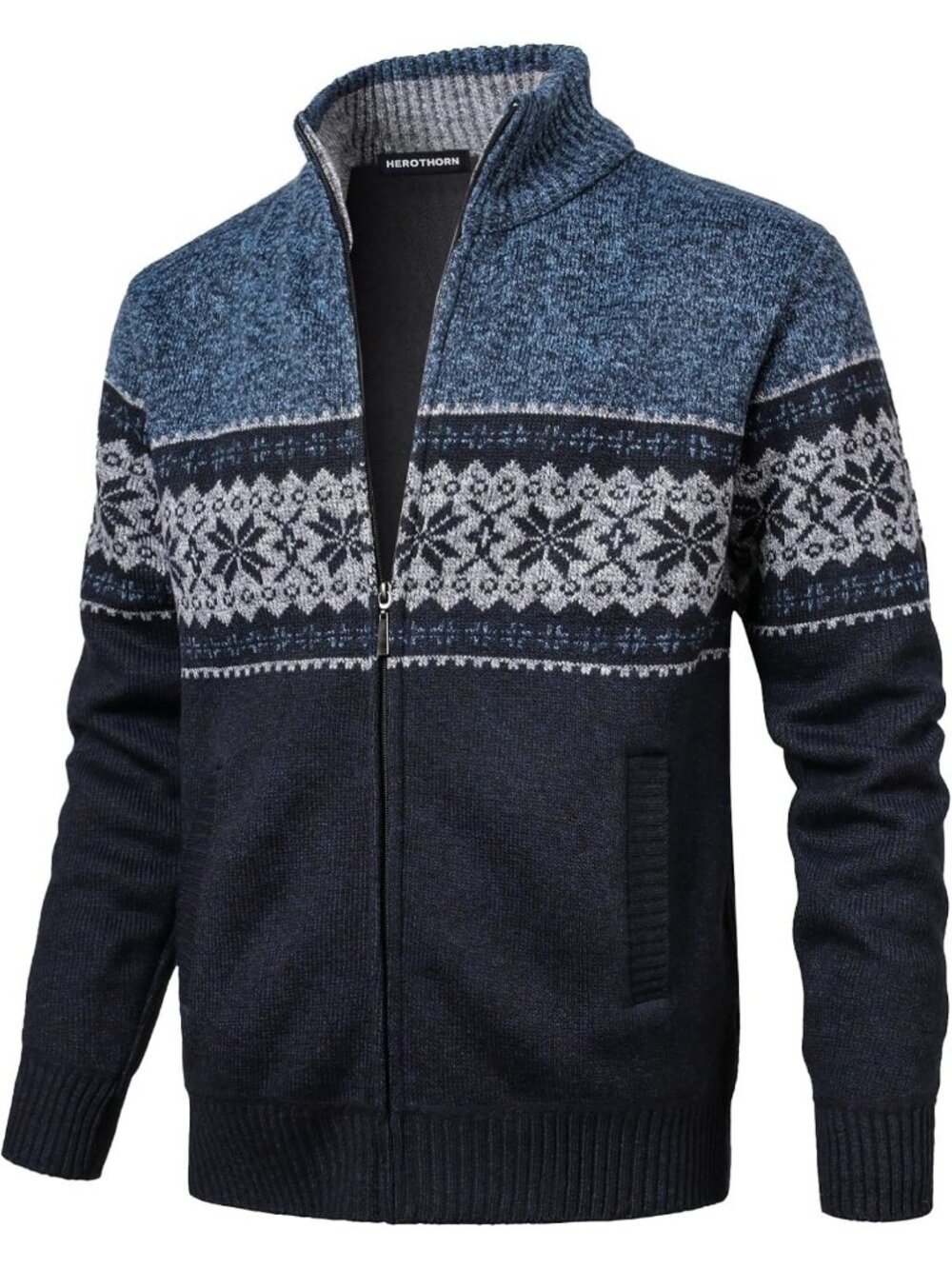 Cozy Men's Full Zip Cardigan Sweater with Snowflake Pattern & Pockets - Perfect